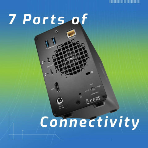 Back view of Flat Out Fast Dual Drive Raid Thunderbolt Dock With 12TB Storage And Built In SD Card Reader showcasing 7 connectivity ports.