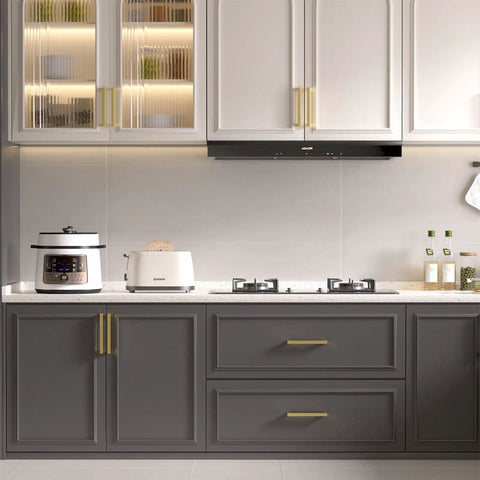 Snag These Top Notch Gold Cabinet Handles 30 Pack Featuring 3 Inch Hole Center Spacing Heavy Duty Solid Metal Construction And Slick Square Bar Pulls For Your Kitchen Remodel, displayed on a modern kitchen cabinet.