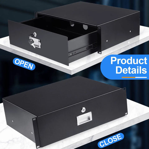 Pro Grade Heavy Duty 19 Inch Server Rack Drawers In A Complete Three Piece 2U 3U 4U Metal Set Featuring Keyed Locks and ergonomic grips open and closed.