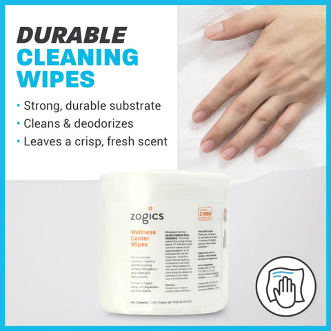 Hand using gym equipment and surface cleaning wipes for wellness centers, durable pre saturated wipes for machines and mats.