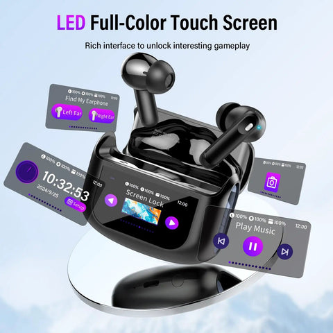 Bluetooth 5.4 Earbuds With Active Noise Canceling And ENC For Quiet Commutes, IPX7 Water Resistance, displayed with LED touchscreen
