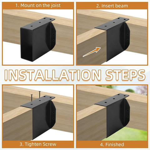 Installation steps for Heavy Duty Pergola Rafter Bracket Set Four Pack 2x4 Post Top Wall Mount Brackets for wood beams.