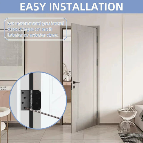 Rock Solid 6 Pack Matte Black Door Hinges 4X4 Inch Ball Bearing Stainless Steel Heavy Duty installed on a modern interior door.