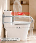 Built Tough 304 Stainless Steel Bathroom Grab Bar With Heavy Duty 510 Lb Capacity Fold Up Anti Slip Toilet Safety Rail And Rustproof Wall Mount Support For Seniors installed beside toilet, showing measurements.