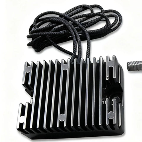 Black Alternator Conversion Kit For 1965 To 1983 Sportster XL Models featuring a cooling plate and wires.