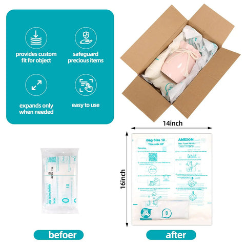 Expandable Foam Cushioning Packing Pouches 20 Pack 14X16 Inch Heavy Duty Wrap Bags in box with instructions and foam.