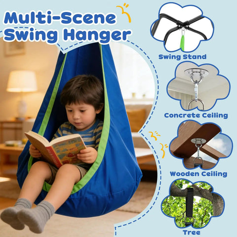 Child sitting in a blue pod swing from All In One Sensory Swing With Stand And Pod Swing For Indoor And Outdoor Use, reading.