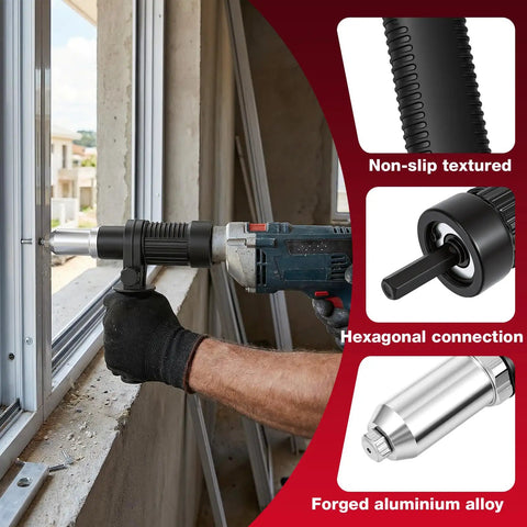Close-up of a power drill using the Beefy Cordless Drill Rivet Attachment Kit with 4 heads for riveting a window frame.