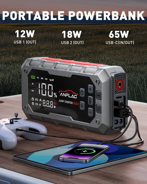 10 In 1 car jump starter with air compressor roadside lifesaver 8000A jump box next to charging devices on table