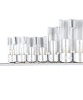 7 Piece Oxygen Sensor Socket Wrench Set And Cr Alloy O2 Removal Tool Kit showing silver sockets in varying sizes on a metal rail.