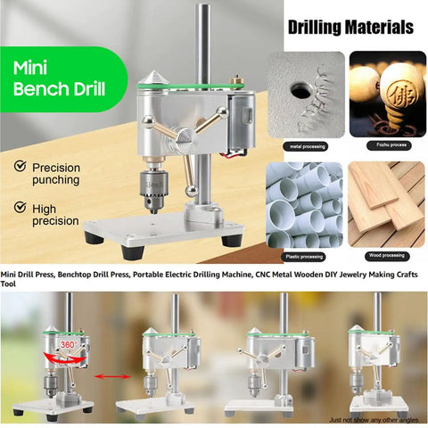 Mini Drill Press With Variable Speed Benchtop Portable Drill Press For Metal Wood DIY Jewelry Making And Crafts JT0 Chuck 360 Degree Rotating CNC Tool display and material compatibility