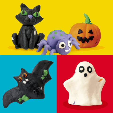 Fresh Spooky Modeling Clay 30 Pack Fun Size Sticks Halloween figures of a black cat, spider, pumpkin, bat, and ghost.