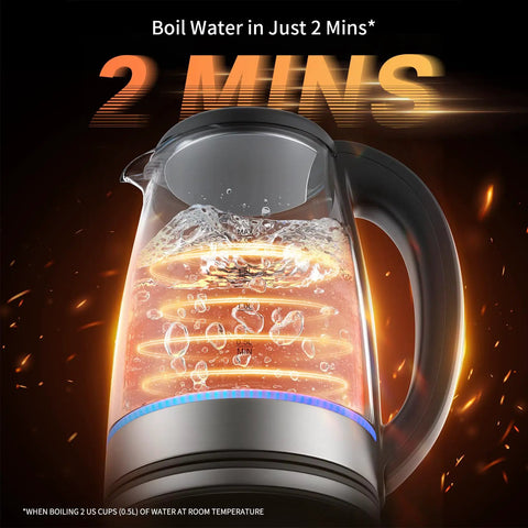 2L Glass Electric Kettle With 1500W Fast Boil Auto Shutoff LED Light BPA Free Borosilicate Glass Stainless Steel Interior Wide Opening Easy Pour Spout Perfect for Tea Coffee Office, boiling water with LED light.