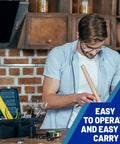 Man in kitchen using hammer with open toolbox and text overlay 'Easy to Operate and Easy to Carry'.