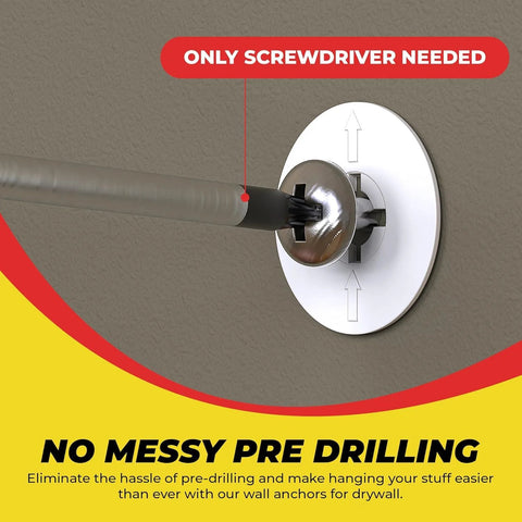 Close-up of a screwdriver installing a heavy duty drywall anchors and screws kit with toggle anchors self drilling zinc plastic.