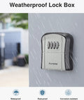 Wall Mounted Key Lock Box With Resettable Combo Code For Home Office And Garage Secure Spare Key Storage Durable Dust And Water Resistant Cover And Easy Mount Hardware Included attached to wall in rain