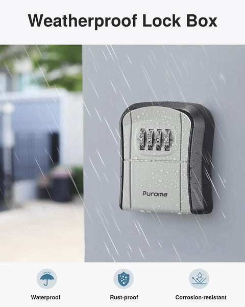 Wall Mounted Key Lock Box With Resettable Combo Code For Home Office And Garage Secure Spare Key Storage Durable Dust And Water Resistant Cover And Easy Mount Hardware Included attached to wall in rain