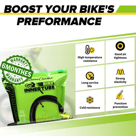 Image displaying packaging of Two Pack 26 Inch Bicycle Tubes With 32mm Schrader Valve Fits 26x1.75 Through 2.125 Tire Sizes, highlighting features like high temperature resistance, good air tightness, long service life, strong elasticity, cold resistance, and puncture prevention.