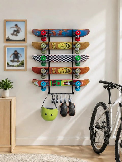 Heavy Duty Five Tier Skateboard Rack Wall Mount With Ten Coated Clips For Helmets Plus Gear Solid Garage Storage System To Stow Your Boards Lock It Down Ngl A Hella Solid Choice displaying five skateboards and gear in a modern living space.