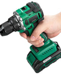 Boss Grade Brushless Cordless Drill Driver With Quick Swap Metal Keyless Chuck held in hand, showcasing its ergonomic design and battery.