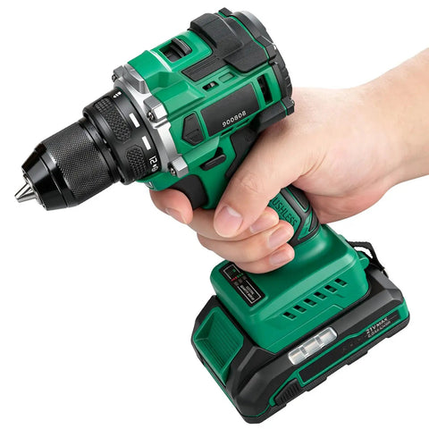 Boss Grade Brushless Cordless Drill Driver With Quick Swap Metal Keyless Chuck held in hand, showcasing its ergonomic design and battery.