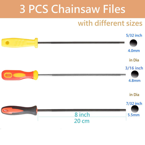 Pro Grade Chainsaw File Set With Plastic Handle Round Files 5/32 3/16 7/32 Inches Sizes