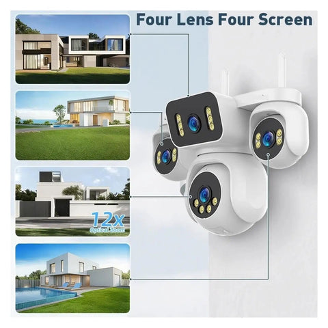 4-Lens Wireless IP Camera 20MP Quad-Split View Boasts Badass Clarity To Your Fortress With 12X Optical Zoom mounted on wall with four views.