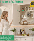 Woman in kitchen showcasing Soft Close Concealed Cabinet Hinges Half Inch Overlay, visible with door open and overlay detail inset.