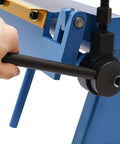 Close-up of handle on Heavy Duty 24 Inch Pan And Box Sheet Metal Brake With Removable Fingers for precise bends in metal projects.