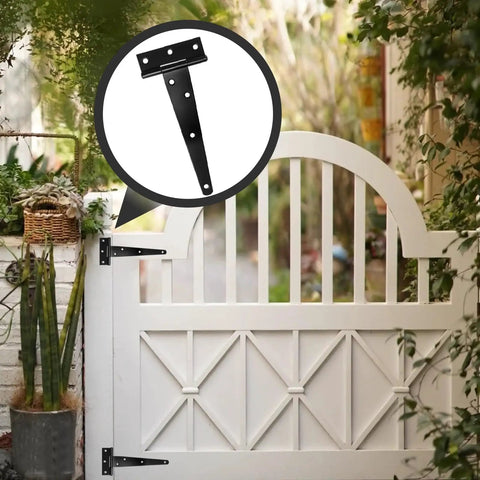 Badass Eight Inch Black T Strap Barn Door Hinges Built Like A Tank From Solid Cast Iron Heavy Duty Hardware shown on garden gate.