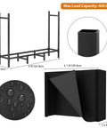Diagram of 4 Foot Firewood Rack with Weatherproof Cover, black metal frame, PVC cover, dimensions and load capacity details