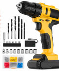 Mean Machine 20V Cordless Drill Driver Set Featuring 3/8 Inch Automatic Spindle Lock Chuck and accessories for home repair.