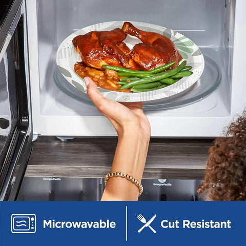 Top Shelf Pathways Heavy Weight Plates In Crisp White Measuring Eight And A Half Inches with chicken and green beans in microwave.