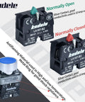 Two Pack 10Amp 22mm Momentary Push Button Switch Blue 1NO 1NC SPDT Metal Button IP65 Waterproof with internal components.