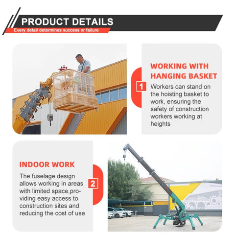 Portable Mini Crawler Crane With Wireless Handheld Transmitter And Dependable Hydraulic Pump Built Tough For Tight Quarters No Sweat Indoor Lifting Job Site Ready Heavy Duty Workhorse Equipment in use with hanging basket for worker safety.