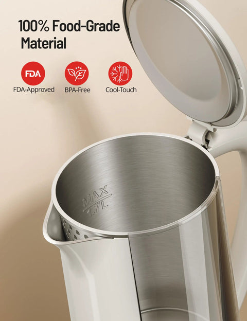 Open view of interior stainless steel 1.7L Large Kettle With Temperature Control And LED Screen Quick Heat For Tea And Coffee