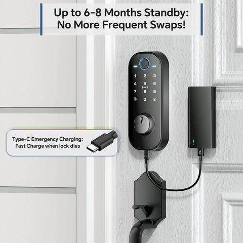 Secure Your Home Base For Good With This Top Shelf 7 In 1 Smart Front Door Lock Set Featuring A Sturdy Handle And Easy Swap Out Setup For Rapid Fingerprint Or App Control Anytime You Step Outside, showcasing keypad and Type-C emergency charging.