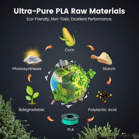 Infographic showing the production cycle of eco-friendly PLA, including corn, starch, and polylactic acid.