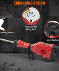 Solid Build Heavy Duty Electric Jack Hammer Concrete Breaker Demolition Rig with ergonomic self-locking switch and viewable oil filling port.