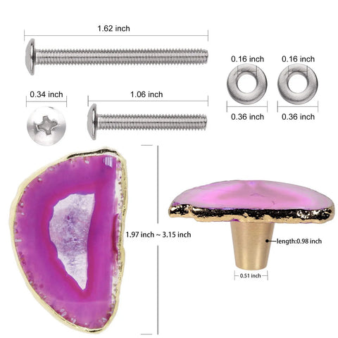 Pack Of Four Rose Red Agate Slice Drawer Knobs With Gold Plated Edges For Kitchen Cabinets showing dimensions and screws
