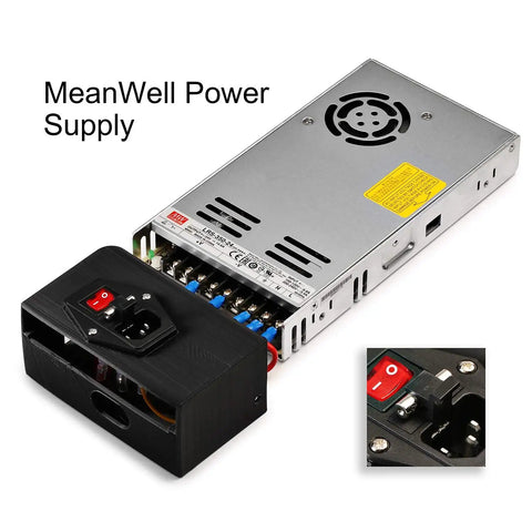 Ready To Ship FDM 3D Printer With Smooth Magnetic Build Plate And Ul Certified Power Supply Loaded With Spare Nozzles And Calibration Tools, close-up of MeanWell power supply unit.