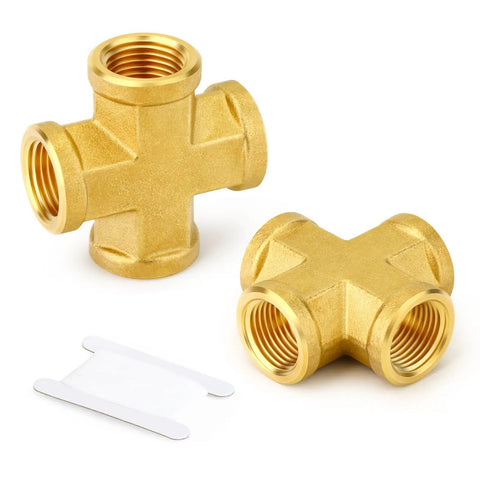 Brass Pipe Fitting Cross Four Way Connector With Four Openings For Plumbing One Eighth Inch NPT Female Threads Solid Brass Durable