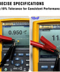 Multimeter measuring 1uF and 10nF ceramic capacitors, displaying precise capacitance readings.
