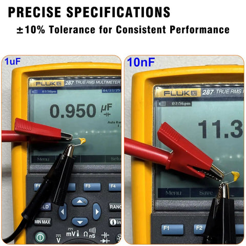 Multimeter measuring 1uF and 10nF ceramic capacitors, displaying precise capacitance readings.