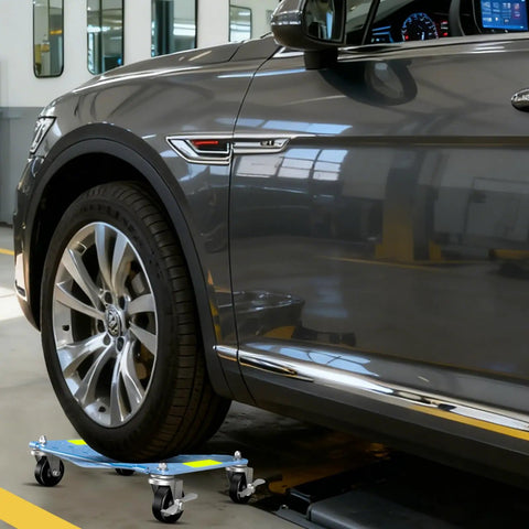 Heavy Duty Car Dolly Set of 4 with 6000 Lbs Per Unit Capacity used under car wheel for easy movement in workshop.