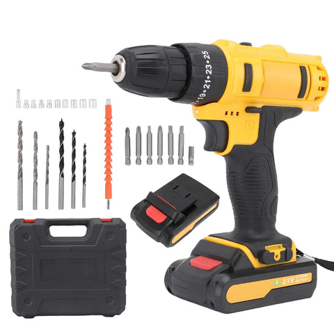 Rugged 21V Cordless Drill And 3 In 1 Impact Driver Kit Featuring Straight Shooting Accuracy Up To 1280 Rpm showcasing various drill bits and battery.