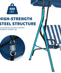 Adjustable Canopy Three Seat Patio Swing For Adults With Heavy Duty Steel Frame And 600 Lb Capacity Outdoor Garden Swing Chair For Backyard Striped Blue Comfort And Easy Shade Adjustment