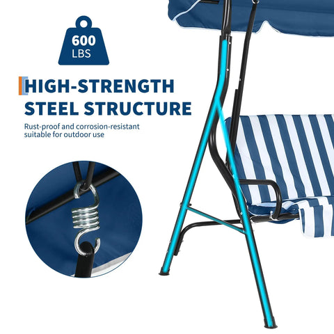 Adjustable Canopy Three Seat Patio Swing For Adults With Heavy Duty Steel Frame And 600 Lb Capacity Outdoor Garden Swing Chair For Backyard Striped Blue Comfort And Easy Shade Adjustment