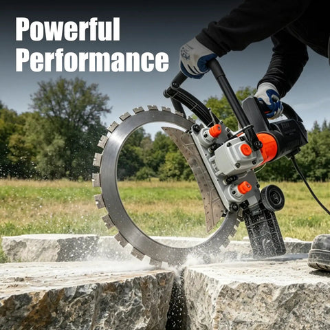 Badass Build 9000W Brushless Motor Electric Wall Saw cutting through stone, showcasing powerful performance and design.