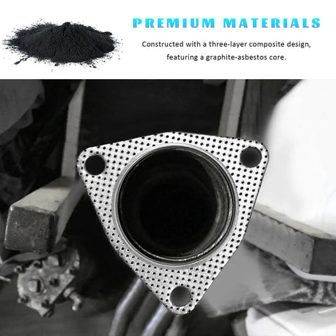3 Inch 3 Bolt Exhaust Gasket Set Replacement Kit showing a triangular gasket with a graphite-asbestos core for exhaust systems.